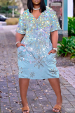 Gold Casual Graphics Print Basic V Neck Short Sleeve Loose Pockets Midi T-Shirt Dress