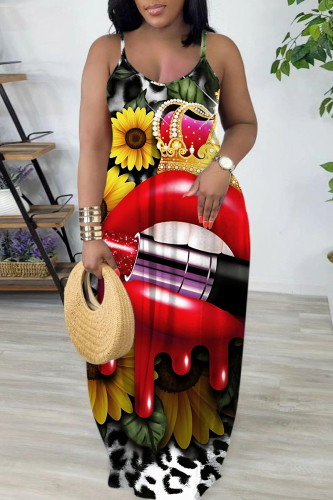 Dark Blue Graphics Print Backless Sleeveless Floor Length Vacation Baggy Sundress Slip Maxi Dress