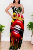 Dark Blue Graphics Print Backless Sleeveless Floor Length Vacation Baggy Sundress Slip Maxi Dress