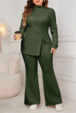 Grey Casual Turtleneck Long Sleeve Slit Blouse And Flare Leg Pants Office Lady Plus Size Two Pieces Trouser Sets