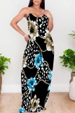 Dark Green Floral Print Backless Sleeveless Floor Length Casual Vacation Baggy Sundress Slip Maxi Dress