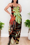 Dark Green Floral Print Backless Sleeveless Floor Length Casual Vacation Baggy Sundress Slip Maxi Dress