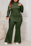 Grey Casual Turtleneck Long Sleeve Slit Blouse And Flare Leg Pants Office Lady Plus Size Two Pieces Trouser Sets