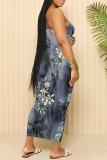 White Blue Casual Graphics Print Sleeveless Backless Spaghetti Strap Long Bodycon Maxi Slip Dress