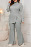 Grey Casual Turtleneck Long Sleeve Slit Blouse And Flare Leg Pants Office Lady Plus Size Two Pieces Trouser Sets