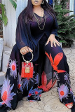 Red Chiffon Floral Print See-Through Long Sleeve Longline Tops And Straight Leg Pants Casual Vacation Two Pieces Pants Suit