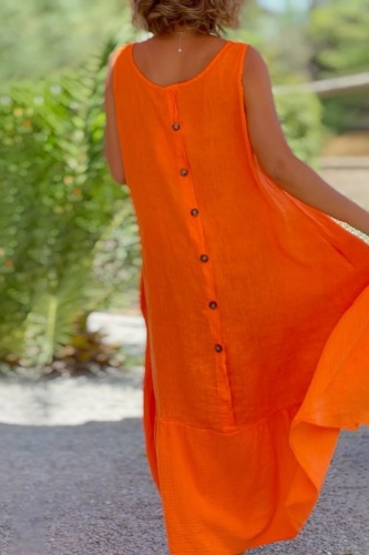 Yellow Casual Sleeveless Irregular Hem O Neck Long Vacaton Cotton And Linen Midi Dresses