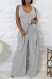 Light Gray Casual U Neck Long Sleeve Sweater Wide Leg Jumpsuit And Crop Tops Two Pieces Set
