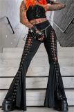 Black Casual Hollow Out Belted High Waist Lace Up Boot Cut Flare Leg Pants