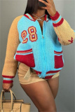 Sky Blue Casual Letter Print Pocket Zipper Collar Long Sleeve Knitted Sweater Cardigan Jackets