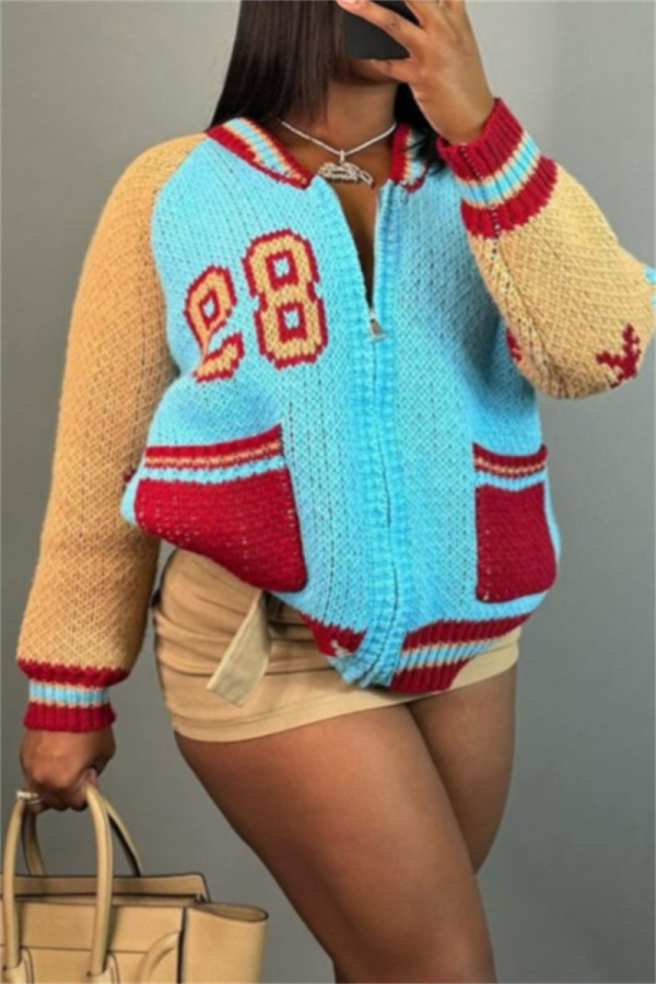 Sky Blue Casual Letter Print Pocket Zipper Collar Long Sleeve Knitted Sweater Cardigan Jackets