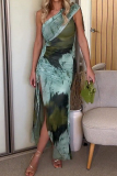 Blue Gradient Print Draw String Slit Sloping Shoulder Irregular Hem Formal Evening Party Bodycon Maxi Dress