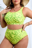 Green Casual Leopard Print U Neck Backless Sleeveless Bra And Mini Shorts Bikini Sets Beach Vacation Plus Size Swimwear
