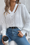 Grey Casual Hollow Out Weave V Neck Lantern Sleeve Fall Winter Knitted Sweater
