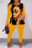Pink Casual Face Print O Neck Long Sleeve Sweatshirt And Skinny Pants Two Pieces Trouser Sets