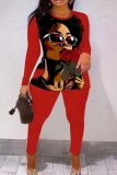 Pink Casual Face Print O Neck Long Sleeve Sweatshirt And Skinny Pants Two Pieces Trouser Sets
