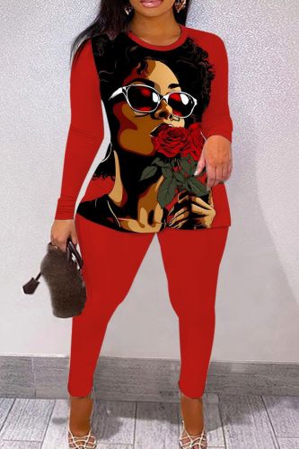 Pink Casual Face Print O Neck Long Sleeve Sweatshirt And Skinny Pants Two Pieces Trouser Sets