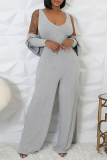 Light Gray Casual U Neck Long Sleeve Sweater Wide Leg Jumpsuit And Crop Tops Two Pieces Set