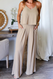 White V Neck Sleeveless Pocket Ruched Cami Top And Wide Leg Formal Lady Two Pieces Trouser Sets