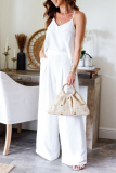 White V Neck Sleeveless Pocket Ruched Cami Top And Wide Leg Formal Lady Two Pieces Trouser Sets
