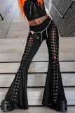 Black Casual Hollow Out Belted High Waist Lace Up Boot Cut Flare Leg Pants