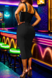 Black Hot Drill Backless Zipper Asymmetrical Collar Wrapped Gown Formal Evening Party Bodycon Midi Dress