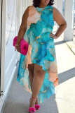 Black Gold Floral Print Sleeveless O Neck Irregular Hem Vacation Plus Size Midi Dresses