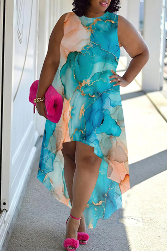 Black Gold Floral Print Sleeveless O Neck Irregular Hem Vacation Plus Size Midi Dresses