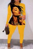 Pink Casual Face Print O Neck Long Sleeve Sweatshirt And Skinny Pants Two Pieces Trouser Sets