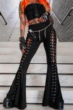 Black Casual Hollow Out Belted High Waist Lace Up Boot Cut Flare Leg Pants
