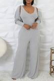 Light Gray Casual U Neck Long Sleeve Sweater Wide Leg Jumpsuit And Crop Tops Two Pieces Set
