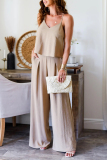 White V Neck Sleeveless Pocket Ruched Cami Top And Wide Leg Formal Lady Two Pieces Trouser Sets