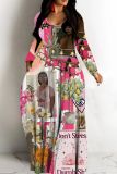 Green Figure Floral Print V Neck Long Sleeve Straight Loose Casual Vacation Plus Size Maxi Dresses