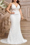 White Lace Flower Print Sleeveless Backless Mermaid Hem Formal Evening Party Plus Size Bodycon Wedding Maxi Dress with Train