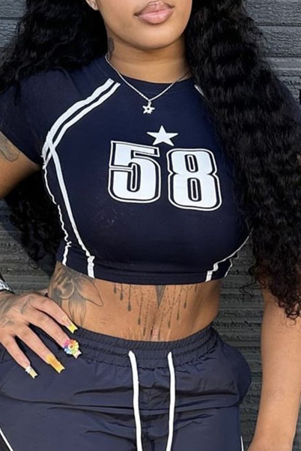 Navy Blue Casual Letters Print O Neck Short Sleeve Crop T-Shirts