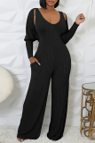 Light Gray Casual U Neck Long Sleeve Sweater Wide Leg Jumpsuit And Crop Tops Two Pieces Set