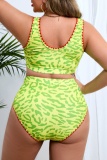 Green Casual Leopard Print U Neck Backless Sleeveless Bra And Mini Shorts Bikini Sets Beach Vacation Plus Size Swimwear