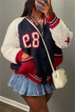 Sky Blue Casual Letter Print Pocket Zipper Collar Long Sleeve Knitted Sweater Cardigan Jackets