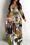 Green Figure Floral Print V Neck Long Sleeve Straight Loose Casual Vacation Plus Size Maxi Dresses