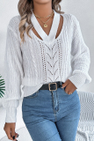 Grey Casual Hollow Out Weave V Neck Lantern Sleeve Fall Winter Knitted Sweater