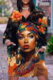 Brown Figure Print V Neck Short Sleeve Pockets Casual Straight Loose Midi T-Shirt Dress