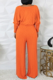 Light Gray Casual U Neck Long Sleeve Sweater Wide Leg Jumpsuit And Crop Tops Two Pieces Set