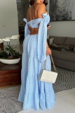 Blue Casual Backless Belted Off Shoulder Fitted Vacation Wide Leg Jumpsuits