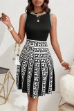 Black White Casual Boho Geometry Print Sleeveless O Neck Formal Evening Party A Line Pleated Knit Mini Dresses