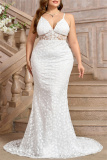 White Lace Flower Print Sleeveless Backless Mermaid Hem Formal Evening Party Plus Size Bodycon Wedding Maxi Dress with Train