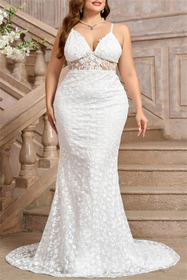 White Lace Flower Print Sleeveless Backless Mermaid Hem Formal Evening Party Plus Size Bodycon Wedding Maxi Dress with Train