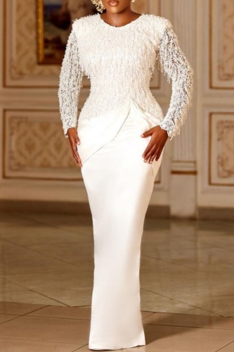 White Formal Lace Fringed Trim O Neck Long Sleeve Evening Party Wedding Bodycon Maxi Dress