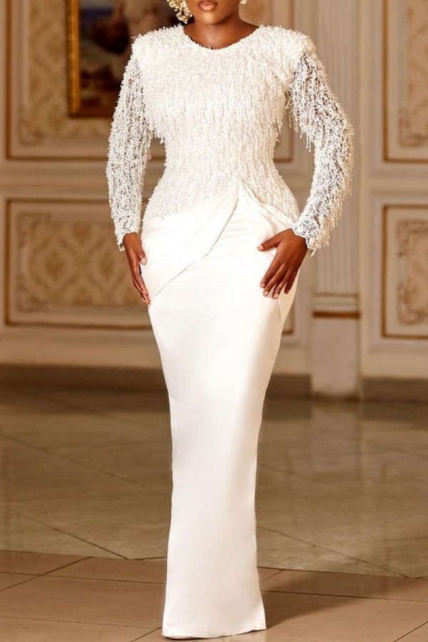 White Formal Lace Fringed Trim O Neck Long Sleeve Evening Party Wedding Bodycon Maxi Dress