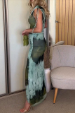 Blue Gradient Print Draw String Slit Sloping Shoulder Irregular Hem Formal Evening Party Bodycon Maxi Dress