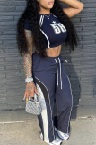 Navy Blue Casual Letters Print O Neck Short Sleeve Crop T-Shirts